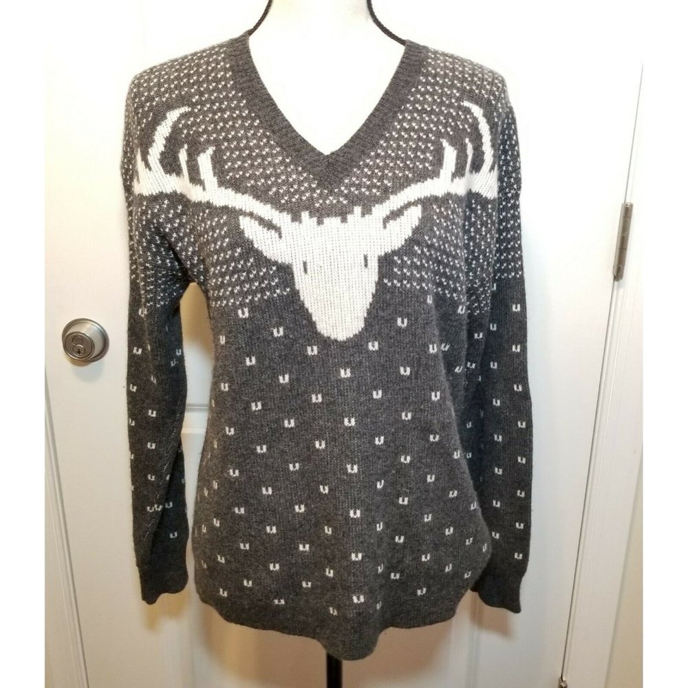 J. Crew Womens Wool Blend Reindeer Vneck Sweater